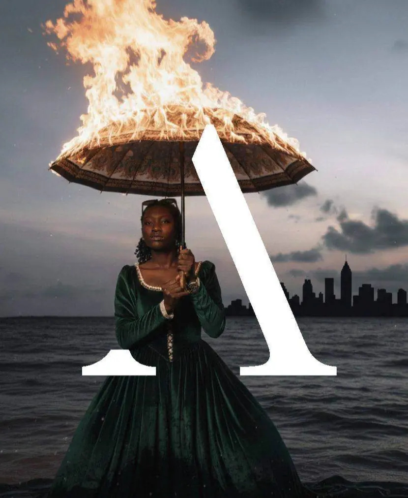 Climate Resilient ATL campaign artwork — a figure holding a burning parasol before the Atlanta skyline