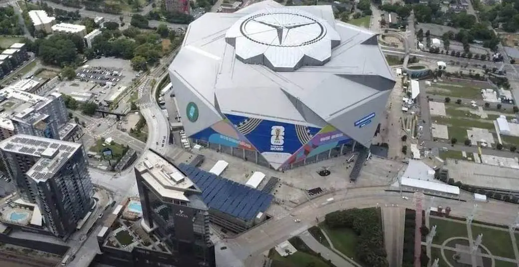 Aerial view of Mercedes-Benz Stadium wrapped in FIFA World Cup 2026 branding
