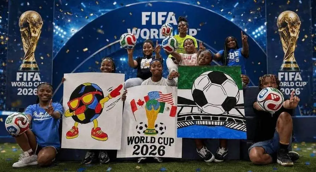 Atlanta youth holding their hand-painted World Cup 2026 soccer-ball artwork